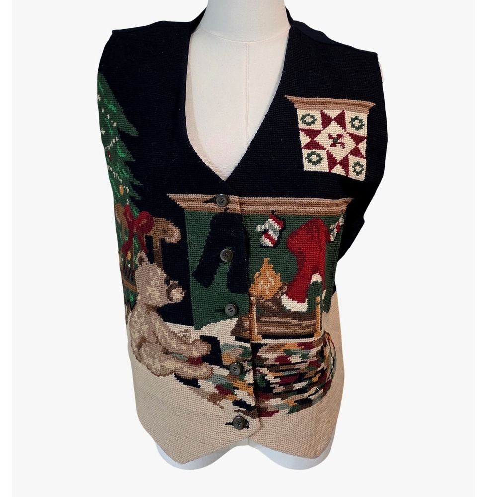 Eagle's Eye Vintage Christmas Scene‎ Vest XL Wool Blend Holiday Teddy Bear